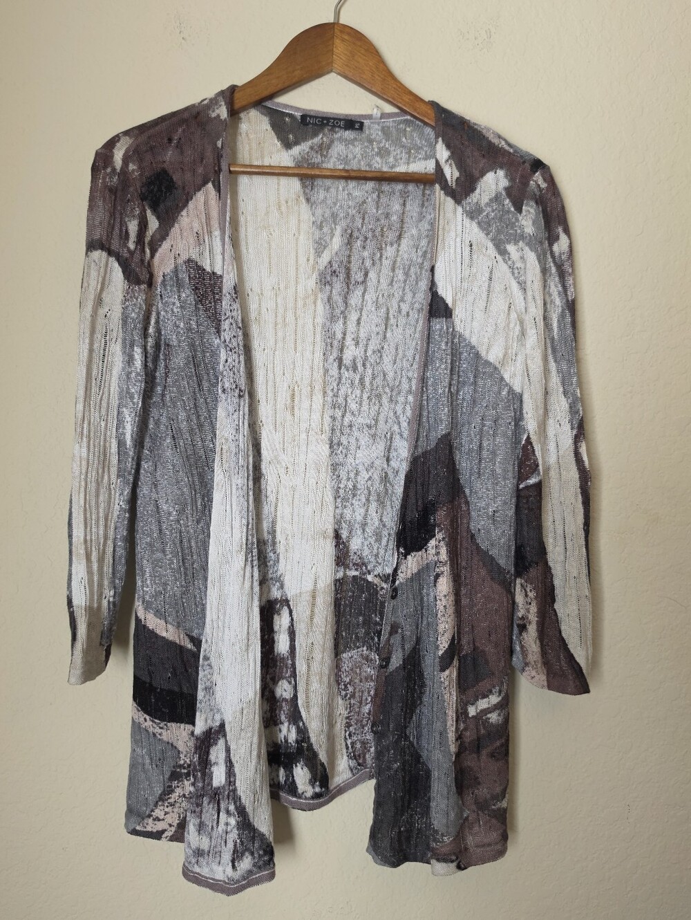 Nic + Zoe Linen Knit Cardigan Womens Sz Petite Small Grey Beige Brown Abstract